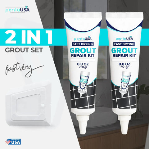 Two Tube Premixed Tile Grout Repair Kit White Acrylic Sanded Grout Filler For Bathroom Shower Kitchen Tiles Water Resistant With Applicator Tubes Fast Drying 2 X 250g image showing two grout tubes and an applicator.