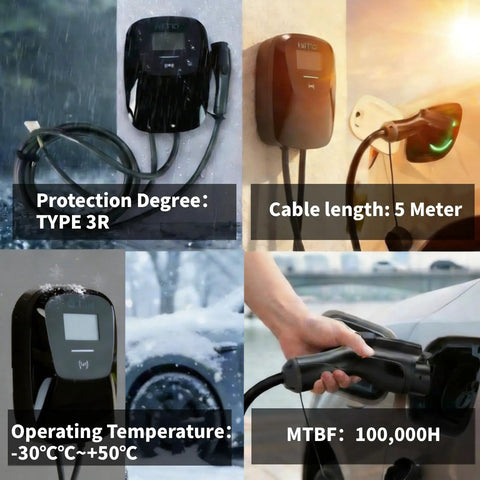 Four Level 2 EV Charger 48A 240V J1772 Connector ETL Certified images showing wall mounted chargers, cable length, and operation in snow.