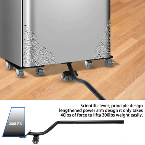 Heavy Duty Furniture Movers With 360 Degree Roller Wheels Set Includes Lifter Tool For Easy Moving Of Heavy Loads Up To 880 Lbs, showing lifting tool under appliance
