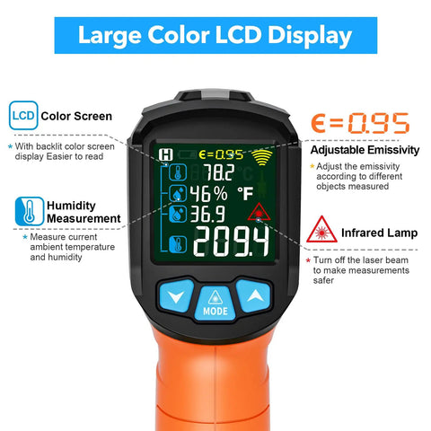 Non Contact Infrared Thermometer Gun With Color LCD And Laser, dual temperature modes displayed on screen
