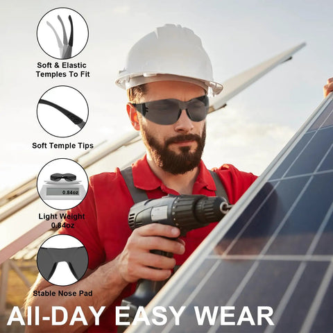 Worker wearing sunglasses from Bulk Safety Glasses Pack 80 Count with drill at construction site, highlighting design features.