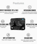 Features of Badass Gravity Lock Ski And Snowboard Wall Storage Rack with anti-slip pads and smooth swivel arms.