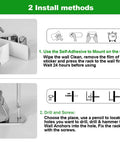 Installation guide for Heavy Duty Wall Mount Mop And Broom Holder with five slots and four hooks, self-adhesive and screw methods.