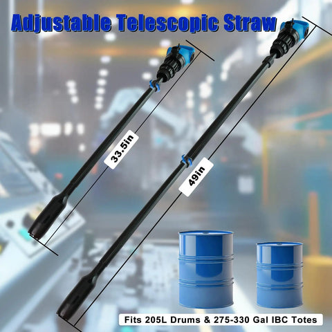 All Purpose Electric Drum Pump with adjustable telescoping suction tube, shown next to blue 55-gallon drum and IBC tote.
