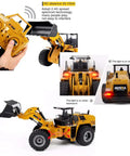 1/14 Scale RC Wheel Loader Remote Control Toy Truck - 2.4GHz Front Loader, showing yellow body, remote control, LED lights.