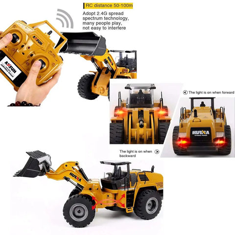 1/14 Scale RC Wheel Loader Remote Control Toy Truck - 2.4GHz Front Loader, showing yellow body, remote control, LED lights.