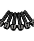 Badass Grade 5 Titanium Stem Bolts With Integrated Washers M5X18MM Black Hex Socket fasteners arranged in a row.