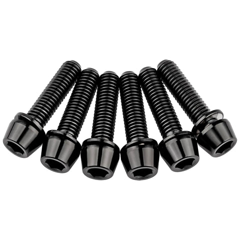 Badass Grade 5 Titanium Stem Bolts With Integrated Washers M5X18MM Black Hex Socket fasteners arranged in a row.