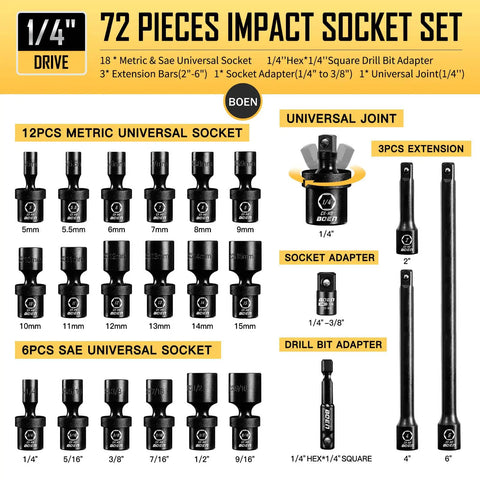 Heavy Duty Workhorse 72 Piece Quarter Inch Drive Impact Socket Set With Standard SAE And Metric Sizes 3/16 To 9/16 Inches And 4 To 15 Mm Includes Swivel Socket Extension Bar Universal Joint And Adapter Made From CrMo Steel, 72-piece set layout