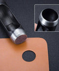 Close-up of 12 Piece Round Leather Hole Punch Set Pro Grade Hollow Punch Tool creating clean holes in leather material.