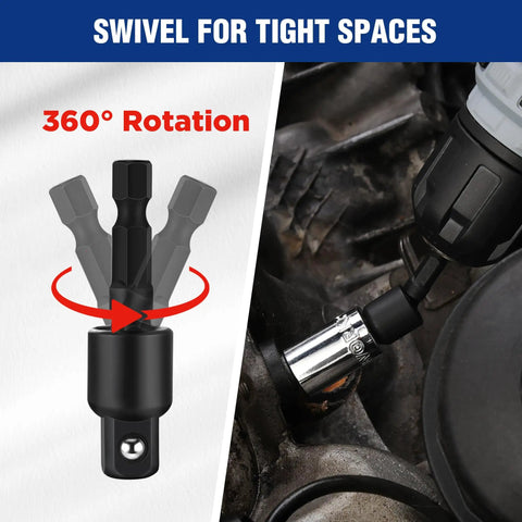 Impact Grade Socket Adapter Set With Case, showing swivel adapter on power drill for 360° rotation in tight spaces.