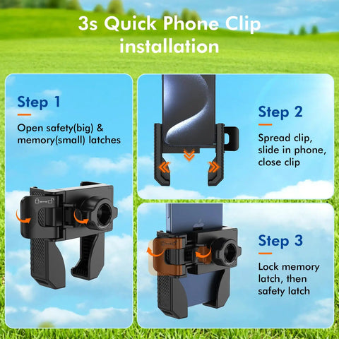 Step-by-step installation of the Magnetic Golf Cart Phone Holder Rotatable Mount for iPhone. Easy clamp instructions shown.