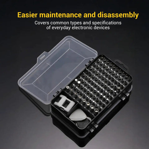 115-In-1 Precision Screwdriver Set for Electronics and DIY Repairs, Ultra Handy Tool Kit with open case showing bits and tools