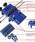 Pro Grade Universal Dowel And Cam Jig Kit With Five Drilling Sleeves 6mm 8mm 10mm showing components and layout