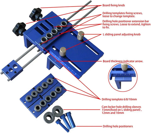 Pro Grade Universal Dowel And Cam Jig Kit With Five Drilling Sleeves 6mm 8mm 10mm showing components and layout
