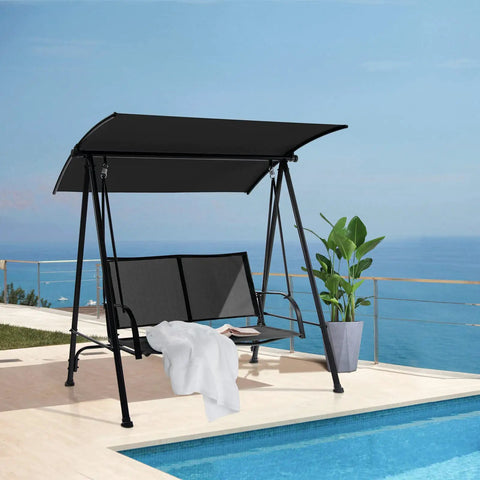 Two Person Porch Swing With Adjustable Canopy, Comfortable Fabric Seat And Heavy Duty Steel Frame, Outdoor Patio Swing