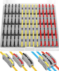 60 Piece No Fuss Compact Lever Wire Connectors Set For 28 To 12 AWG Inline Splices And Electrical Terminal Connectors Color Coded Black Red Yellow Reusable Quick Connect Two Way Wire Nuts Safe And Easy To Use, shown in storage case with color coded connectors and wires.