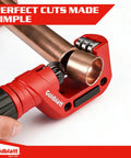 No Nonsense CSST Tubing And Copper Pipe Cutter For Conduit, 1/8 To 1-1/4 Inch Range, Six Roller Cutter in use on copper pipe