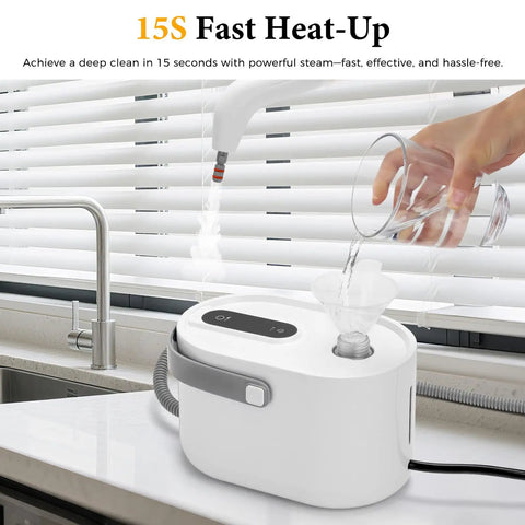 Handheld Steam Cleaner All In One Kit Crushes Tough Stains Fast Fifteen Second Heat Up with water being poured in.