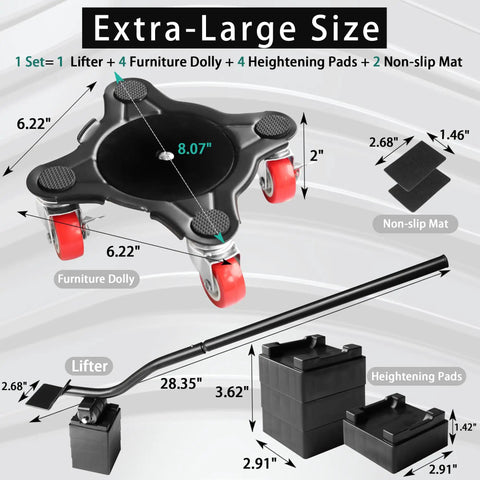 Heavy Duty 5 Wheel Furniture Dolly With Brakes, 2200 Lbs Load Capacity, dimensions and components displayed
