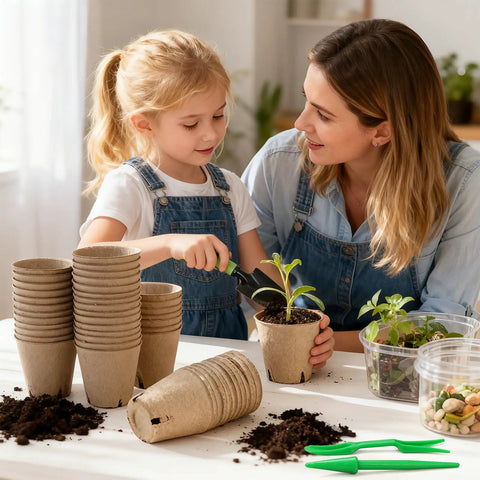 150 Pack All In One Seed Starter Kit Biodegradable Peat Pots 3.15 Inch With Drainage Holes in use by a woman and child
