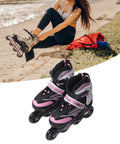 Pink Adjustable Roller Skates For Teens With PU Mesh Upper And Smooth Glide Ideal For Ice Skating Practice And Outdoor Fun shown with woman outdoors.