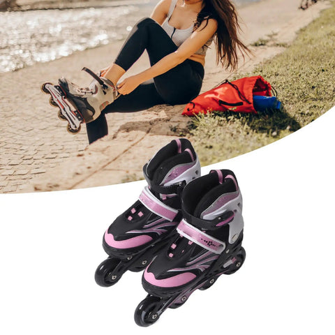 Pink Adjustable Roller Skates For Teens With PU Mesh Upper And Smooth Glide Ideal For Ice Skating Practice And Outdoor Fun shown with woman outdoors.
