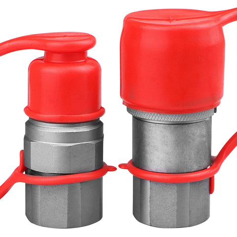 Close-up of two red 3/8 in flat-face hydraulic quick-connect couplers with dust caps on gray metal bodies
