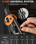Pro Rivet Gun Kit With Drill Bits And Magnetic Wristband Heavy Duty Two Handed Riveter in use, close-up of nozzles and sizes.