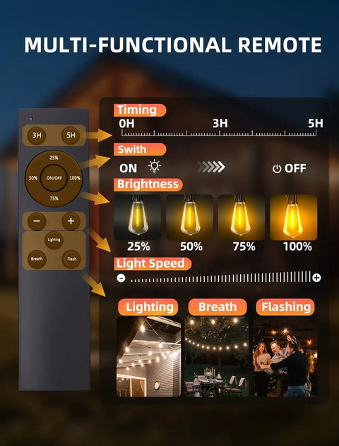 Remote control features for Outdoor String Lights 100Ft Remote Dimmable, Waterproof Connectable Edison Style ST38 Bulbs.