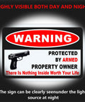 Kickass 3 Pack Gun Warning Signs For Home Security 10x7 Inch Rock Solid Rust Proof Aluminum Plaque with white and red design.