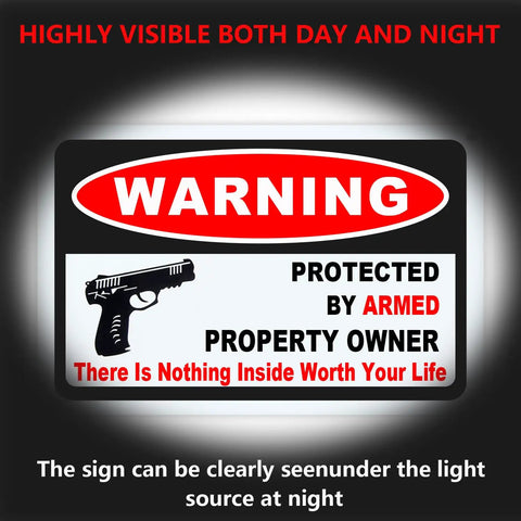 Kickass 3 Pack Gun Warning Signs For Home Security 10x7 Inch Rock Solid Rust Proof Aluminum Plaque with white and red design.