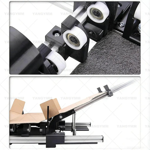 Close-up of Heavy Duty Manual Box Folding Assistant For Shipping Corrugated Cartons Adjustable Size Packager Tool Built Tough With Aluminum Alloy, showing roller and adjustable design.