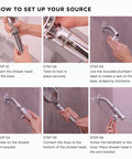 Installation guide for handheld chrome shower head with chlorine and mineral filter, adjustable 7-setting spray, anti-scaling nozzles.