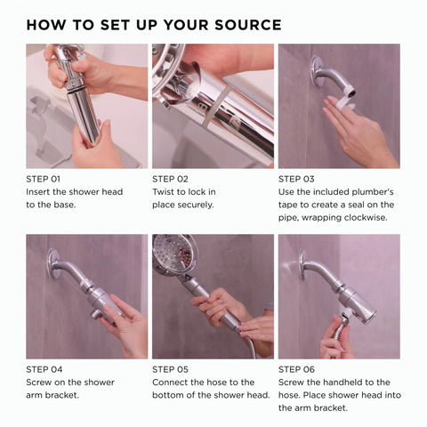 Installation guide for handheld chrome shower head with chlorine and mineral filter, adjustable 7-setting spray, anti-scaling nozzles.