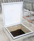Heavy Duty Customizable Roof Access Hatch Door For Attic Skylight, Maintenance Cover For Factory, Warehouse, And Home, Rainproof, Anti Theft, Blackout, Steel Panel With Aluminum Frame, 30x32 Inches open on rooftop