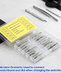 Solid 100 Piece Watch Spring Bar Kit With Quick Release Pins And Rust Resistant Alloy For No Sweat Strap Swaps Across 14mm To 26mm Sizes in display box.