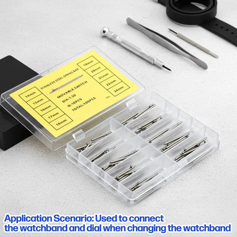 Solid 100 Piece Watch Spring Bar Kit With Quick Release Pins And Rust Resistant Alloy For No Sweat Strap Swaps Across 14mm To 26mm Sizes in display box.