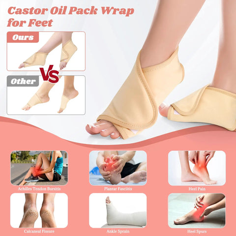 12 Piece Castor Oil Pack Kit With Reusable Organic Cotton Wraps For All Over Body Relief From Shoulders To Toes shown on feet