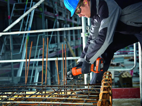 Pro Rig Cordless Angle Grinder With 125 Mm Disc And 18 Volt Brushless Motor Cranks Out 1100 Watts Of Torque used on rebar in construction site.