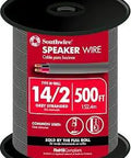 Image of 500 Ft 14/2 Grey In-Wall Speaker Wire With Copper Conductor CMR/CL3R UL Listed spool, showcasing label and length