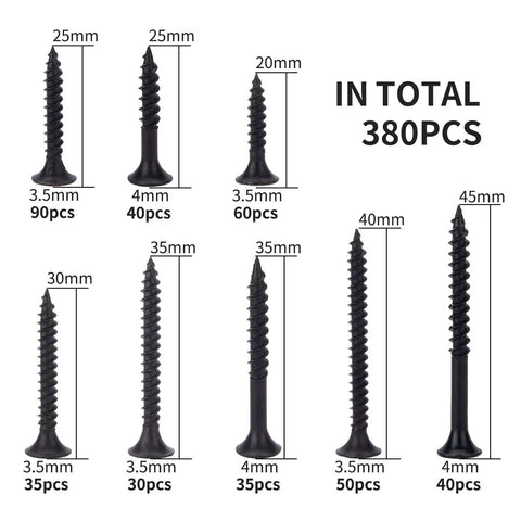 Workhorse 380 Piece Drywall Screw Kit With Black Phosphate Finish And Phillips Bugle Head showing assorted sizes and counts.