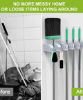 Before and after comparison of Wall Mounted Broom And Mop Holder with Six Hooks and Five Position Tool Organizer Rack in use