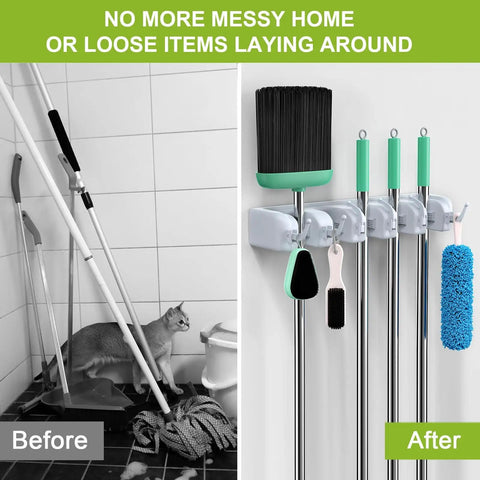Before and after comparison of Wall Mounted Broom And Mop Holder with Six Hooks and Five Position Tool Organizer Rack in use