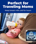 Four Pack 10x10 Inch Cooler Ice Packs With Screw Cap No Ice Needed 18 Degrees F Phase Change Reusable Water Activated Cold Packs For Camping Picnics And Travel Keeps Food And Drinks Ice Cold For 24 To 48 Hours Safe USA Made image with baby held on a plane, highlighting product use for keeping breast milk cold.