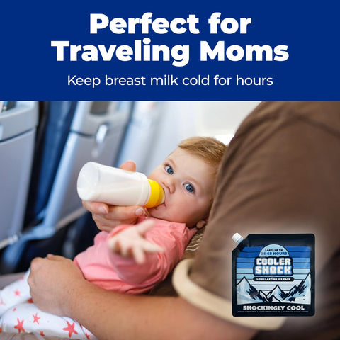 Four Pack 10x10 Inch Cooler Ice Packs With Screw Cap No Ice Needed 18 Degrees F Phase Change Reusable Water Activated Cold Packs For Camping Picnics And Travel Keeps Food And Drinks Ice Cold For 24 To 48 Hours Safe USA Made image with baby held on a plane, highlighting product use for keeping breast milk cold.