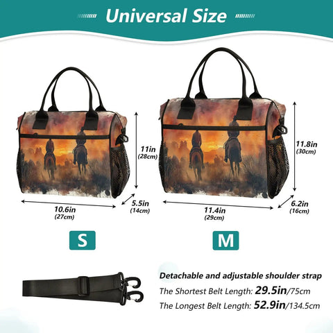 Desert Cowboy Insulated Lunch Bag For Women With Adjustable Shoulder Strap, showing size options and strap detail.