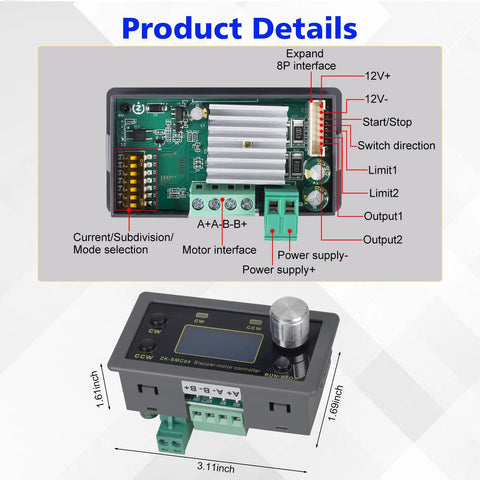 Front view of a gray stepper motor driver controller module with LCD display and large tuning knob