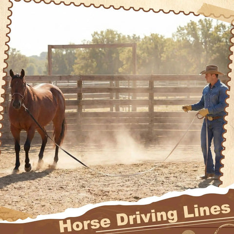 Trainer using 30 ft horse driving lines for cart training and ground driving, showing long reins and solid brass snaps.