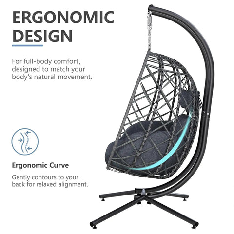 Two Person Double Egg Swing Chair With Stand For Outdoor And Indoor Hangout Cozy Cushions And Headrests Weatherproof Wicker Sturdy Steel Frame 650 Lbs Capacity Dark Gray ergonomic design
